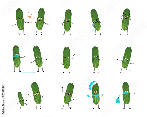 Set of cucumber character with happy or sad emotions, panic, loving or brave face, hands and legs. Person with expression, green vegetable with mask, glasses or hat. Vector flat illustration