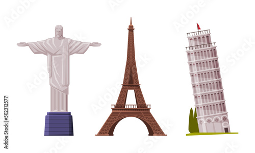 Christ the Redeemer Statue and Eiffel Tower as Famous City Landmark and Travel and Tourism Symbol Vector Set