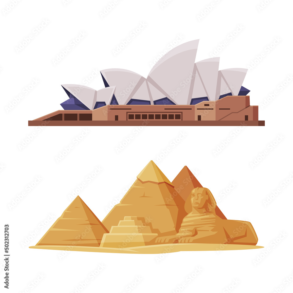 Sydney Opera House and Egypt Pyramid as Famous City Landmark and Travel and Tourism Symbol Vector Set - obrazy, fototapety, plakaty 