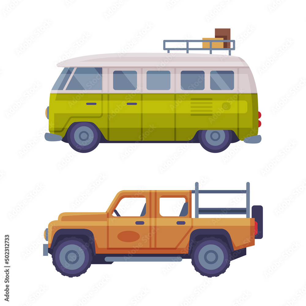 Off Road Car and Van as Travel and Tourism Transport and Vehicle Vector Set