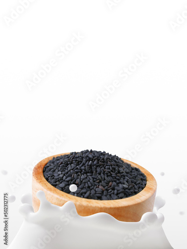 Black Sesame, Soy Milk, The movement of sesame grains in wooden bowl falling into dairy splashed, Isolated on white background, Ketogenic diet and Healthy drinks lactose free for Health care concept.