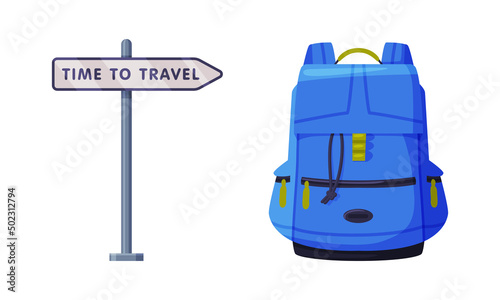 Blue Backpack and Signpost with Direction as Travel and Tourism Symbol Vector Set