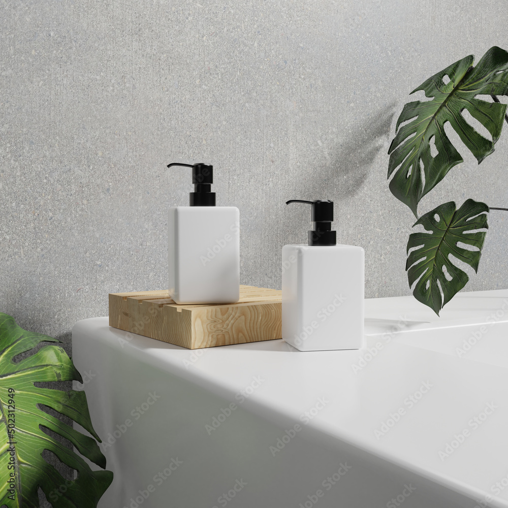 3d rendering cosmetic mockups . Mock up scene with podium for product display. wall background and plant 3d rendering cosmetic mockups . Mock up scene with podium for product display. wall background and plant