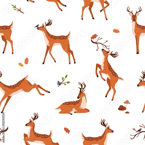 Cute deer pattern. Seamless background with wild baby animal. Repeating print with spotted reindeer. Endless texture with bambi, spotty horny fawn. Colored flat vector illustration for decoration