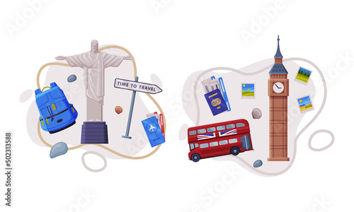 Travel and Tourism Attribute with Christ the Redeemer Statue and Big Ben Clock Tower as City Landmark Vector Composition