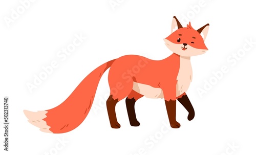 Wild orange baby fox standing  looking and winking. Cute funny forest animal with furry tail. Happy smiling fluffy lovely sweet foxy pup. Flat vector illustration isolated on white background