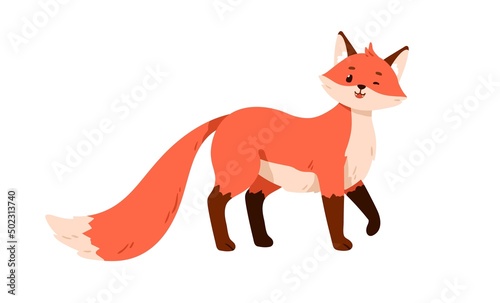 Wild orange baby fox standing, looking and winking. Cute funny forest animal with furry tail. Happy smiling fluffy lovely sweet foxy pup. Flat vector illustration isolated on white background