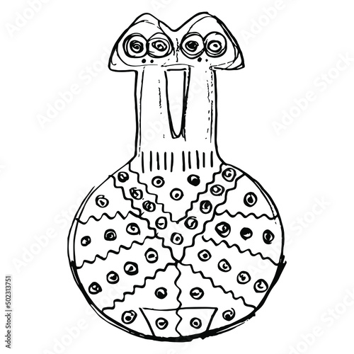 Twin idol from ancient Anatolia. Hand drawn linear doodle rough sketch. Black silhouette on white background.