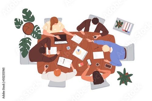 Group of business people at meeting at conference table. Team work of office employees at desk. Colleagues teamwork, collaboration, communication. Flat vector illustration isolated on white background