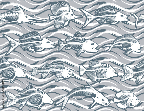 Seamless background with flock of skeleton fishes. © designer_an