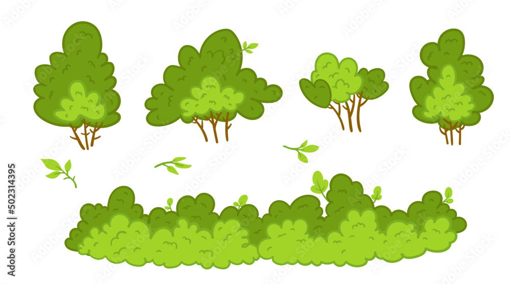 Cartoon garden bush. Green vegetation bushes icon. Cartoon shrubs for outdoor decoration landscape park hedge, backyard, forest colorful vector isolated spring or summer plant, trees, with branches.