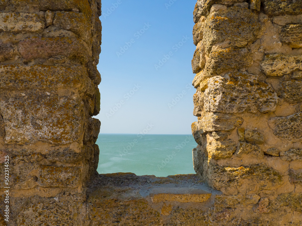 Akkerman fortress. Medieval castle near the sea. Stronghold in Ukraine. Ruins of the citadel of the Bilhorod-Dnistrovskyi fortress, Ukraine. View on the estuary from defensive wall.