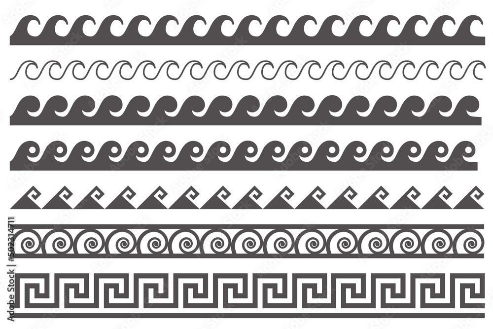 Greek style seamless frames. Geometric border set. Vector ornament pattern. Mediterranean decor elements with waves