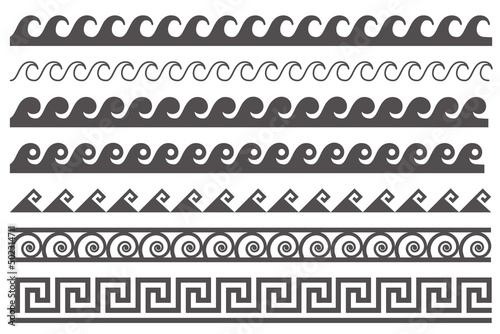 Greek style seamless frames. Geometric border set. Vector ornament pattern. Mediterranean decor elements with waves