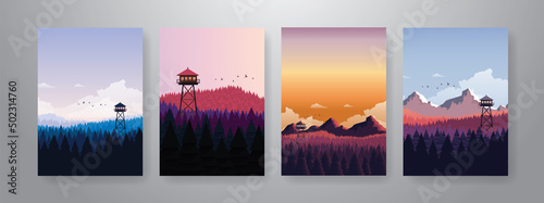 Vector forest landscape colorful poster, with firewatch tower photo