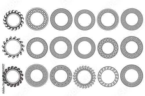 Circle greek frames. Round meander borders. Decoration elements patterns. Vector illustration isolated on white background.