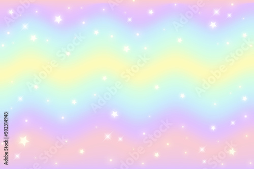 Fantasy background. Pattern in pastel colors. Wavy multicolored unicorn sky with stars and hearts. Vector