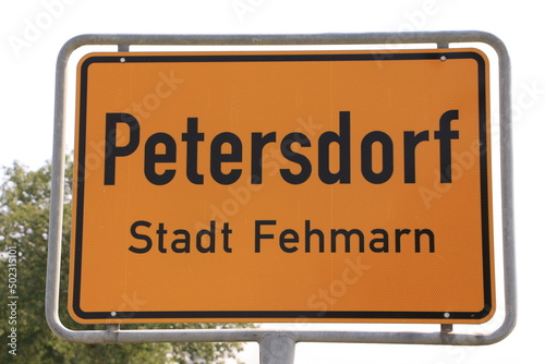 Ortsschild von Petersdorf auf der Insel Fehmarn	 photo