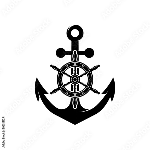 Illustration of an anchor with ship steering wheel in monochrome style. Design element for poster, card, banner, emblem, sign. Vector illustration