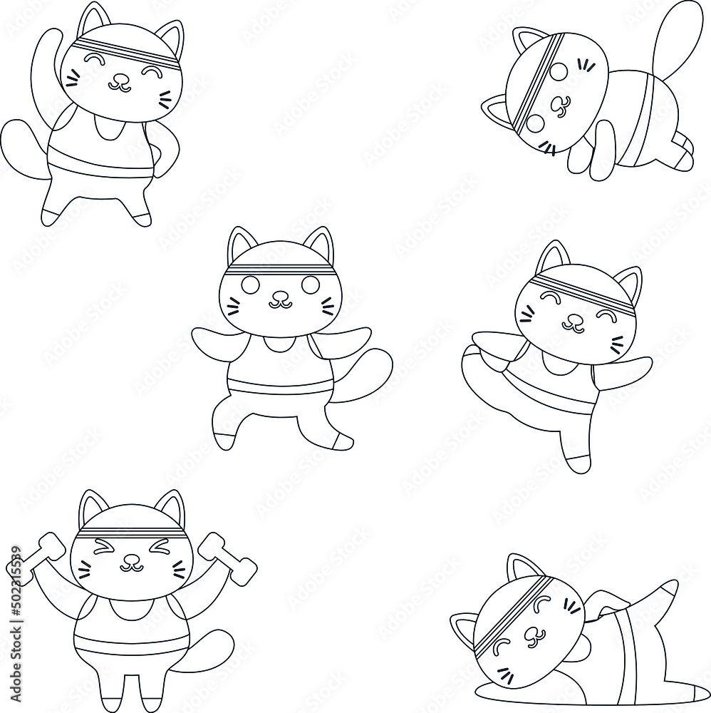 cat exercise flat vector icon outline collection set