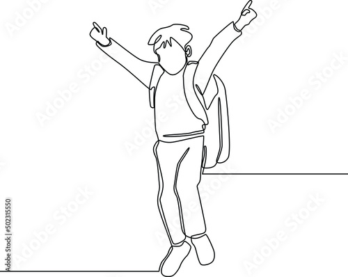 Single continuous line drawing of Happy schoolboy is happy about end of school year. boy with school bag and jump. End of school. Education concept one line draw design graphic vector illustration.