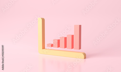3d rendering pink and yellow bar graph stair step to Arrow growth success. progress way and forward achievement. Data business finance report chart  data analysis development concept.