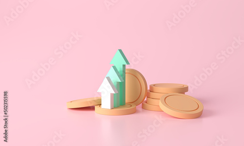green up arrow and coin stacks on pink background. Financial success and growth concept. 3d rendering. Financial news. Trading stock news impulses. Market movements concept charts up. Growth economy