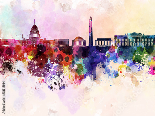 Washington DC skyline in watercolor background