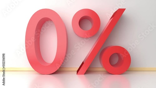 3d rendering Sale Glossy zero percent sign isolated in room minimal. Percentage, discount concept business. Zero percent symbols commission wide banner. 3D abstract background promotion poster