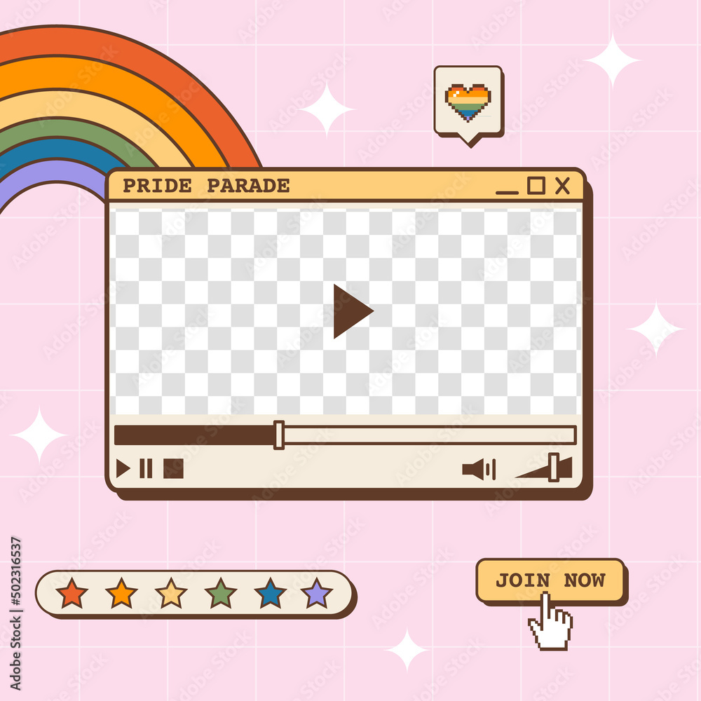 Vaporwave retro social media post for LGBTQ Pride Month. 80s 90s Y2K aesthetic square banner. Queer greeting card template with old computer video player window, rainbow heart and button. Vector.