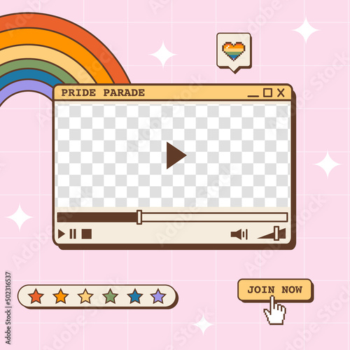 Vaporwave retro social media post for LGBTQ Pride Month. 80s 90s Y2K aesthetic square banner. Queer greeting card template with old computer video player window, rainbow heart and button. Vector.