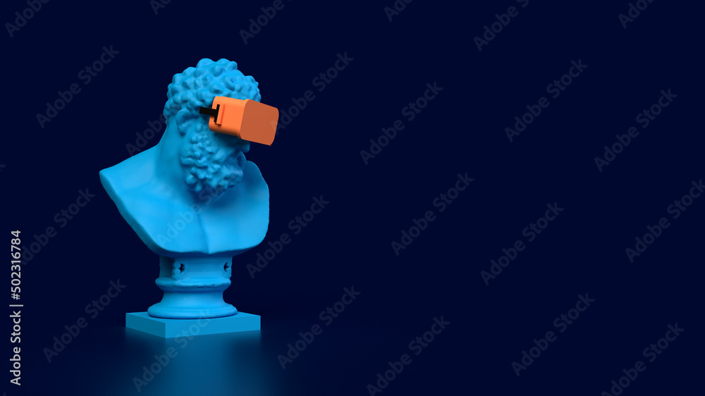 3d render blue bust antique in orange vr glasses on a dark blue background side space for text 3d render blue bust antique in orange vr glasses on a dark blue background side space for text
