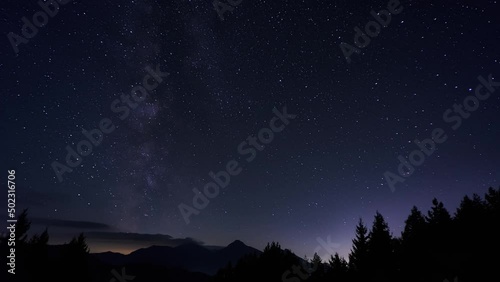 Beautiful blue night sky with the Milky Way in a mountain landscape.Silhouette of trees, mountains photo
