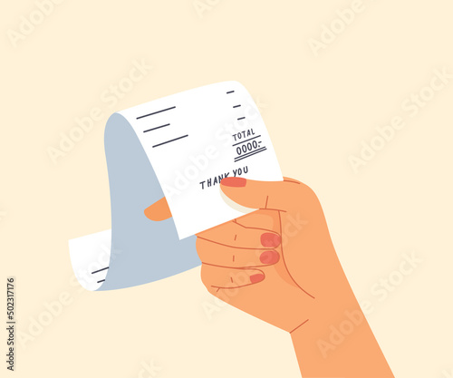 Hand holding bill or receipt. Concept of payment, shopping, purchase, credit payment, buying. Flat vector illustration cartoon.