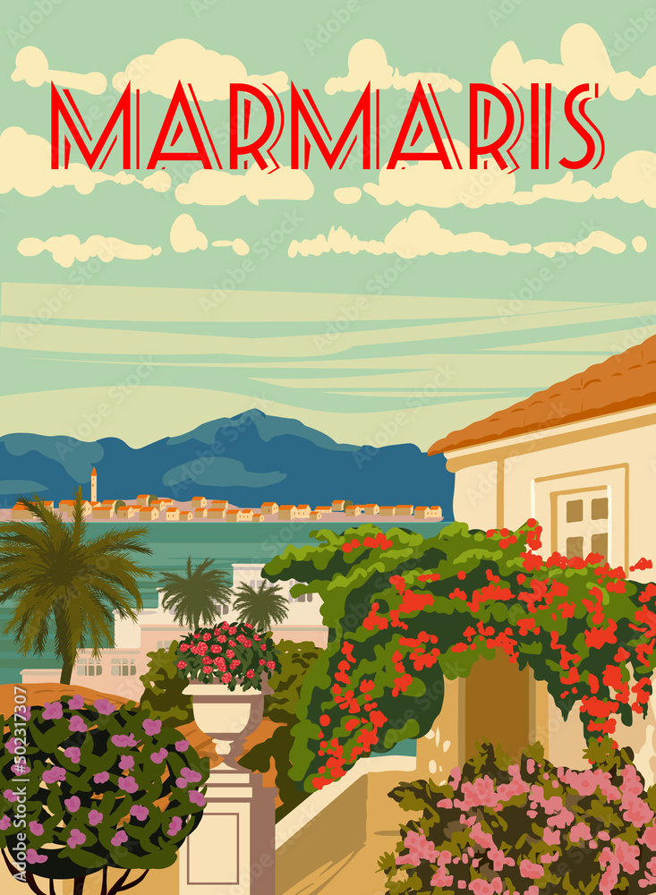 Naklejka premium Marmaris landmark, Turkey resort, retro poster, horizon, skyline. Vintage touristic travel postcard, placard, vector