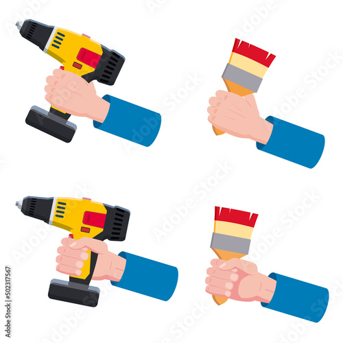 Set construction tools brush, electric screwdriver, repair tool. Hand hold spackling or paint instruments. Vector illustration isolated on white. Cartoon flat style