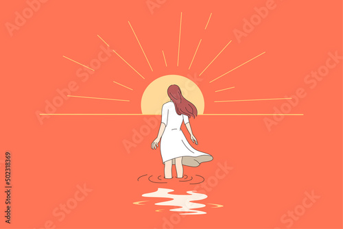 Back view of woman walking towards sun. Concept of self-development and inner growth. Female involved in cognitive therapy and self-discovery. Counseling and psychology. Vector illustration. 