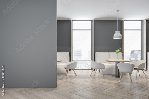 Modern concrete cafe interior with empty mock up place on wall, wooden flooring, furniture and bright city view. Dine in concept. 3D Rendering.