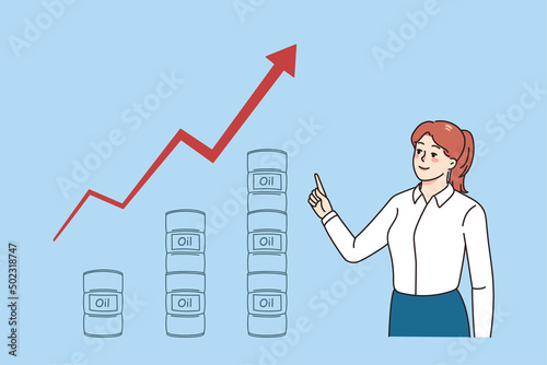 Smiling businesswoman show oil and gas prices rise on stock market. Female employee demonstrate increase in fuel and petroleum on graph or chart. Gasoline stocks. Vector illustration. 