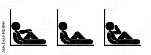 resting man icon, stick figure, set of human silhouettes, half-sitting people, lying down near the wall