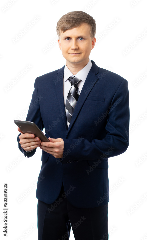 Portrait of a man in a blue business suit with a tie. A successful businessman stands with a tablet. isolated. White background Portrait of a man in a blue business suit with a tie. A successful businessman stands with a tablet. isolated. White background