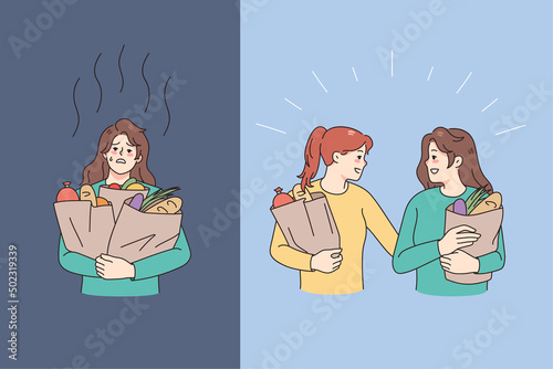 Personal assistant help tired woman with grocery shopping. Smiling caring helper assist exhausted housewife with household chores. Homework and assistance concept. Vector illustration. 