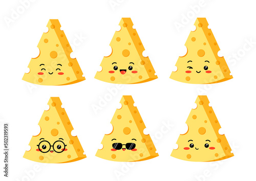 Triangle cheese with hole slices emoji vector set isolated on white background. Kawaii cute triangular pieces of yellow cheese character. Organic milk food cartoon style illustration.