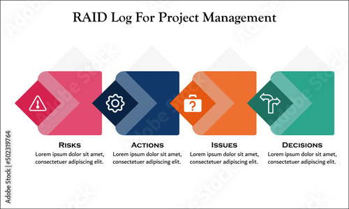 Raid log for Project management with Icons and Description Placeholder. It is used to organize a project/program by tracking risks, actions, issues, and decisions.