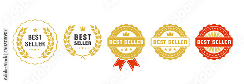 Sticker best seller set isolated premium quality in gold and red color perfect for mark best seller product