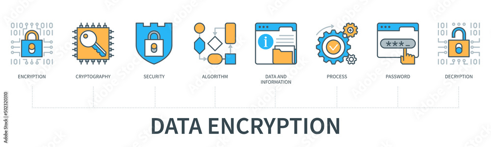Data encryption infographics in minimal flat line style
