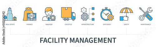 Facility management infographics in minimal flat line style
