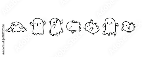 Halloween little ghost in cute kawaii sketch style. Doodle ghost. funny smiling samhain ghosts set, spirit and sweets on white background. trick or treat stock cartoon image.