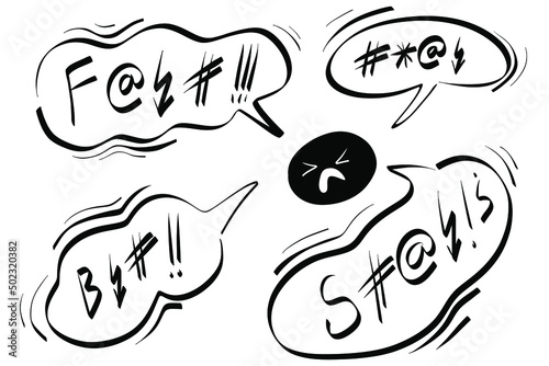 Speech bubble swear words bad emoji. Sketch angry face. Comic speech bubble doodle hand drawn with curses, skull, bones, lightning. Angry screaming face emoji. Vector illustration isolated on white.