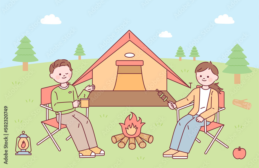 Fototapeta premium Couple camping outdoors with tent and bonfire. flat design style vector illustration.